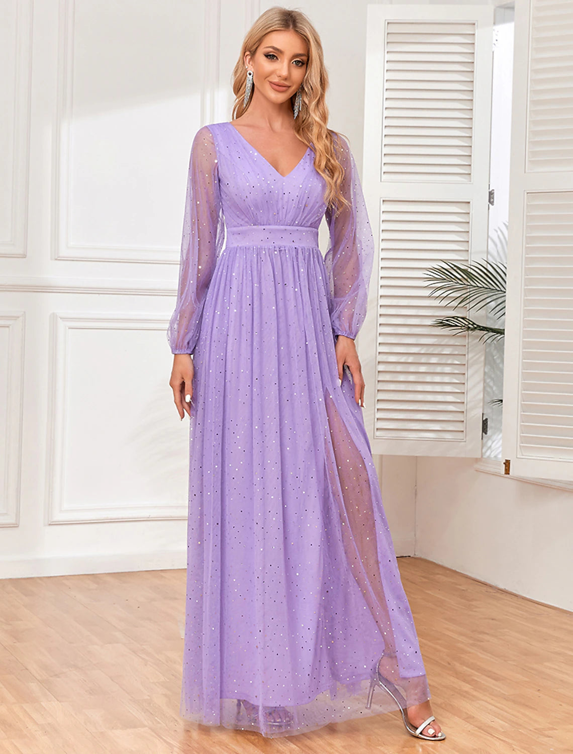Abito da sera a trapezio, stile impero, per matrimonio, sera, festa, lunghezza al pavimento, senza maniche, scollo a V, tulle, schiena a V con glitter